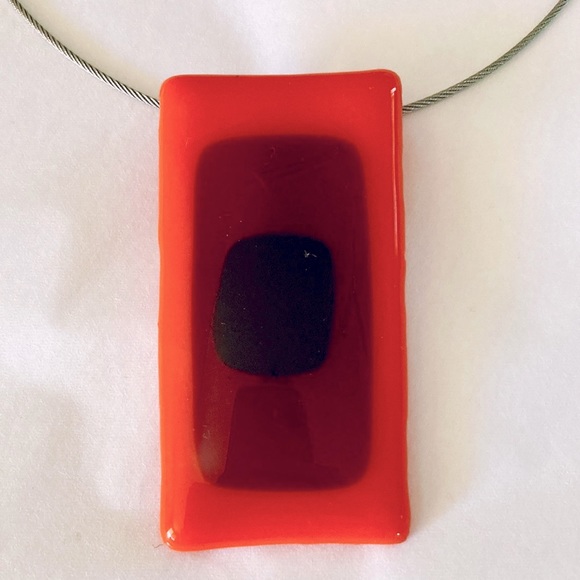 Retro glass tile pendant necklace Orange Burgundy Maroon Choker wire band 70’s - Picture 6 of 6